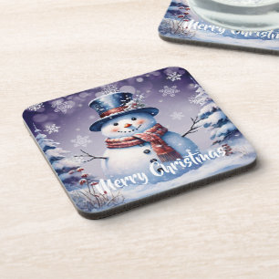 Winter Forest Snowman Christmas   Purple Coaster
