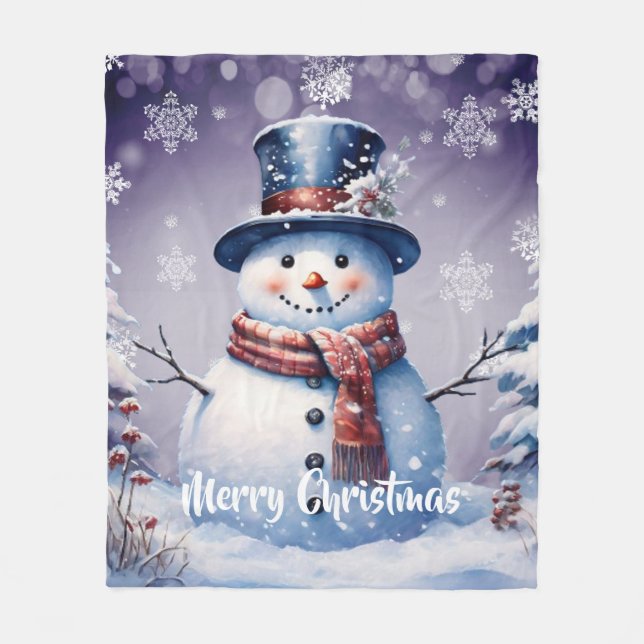 Winter Forest Snowman Christmas | Purple Fleece Blanket (Front)