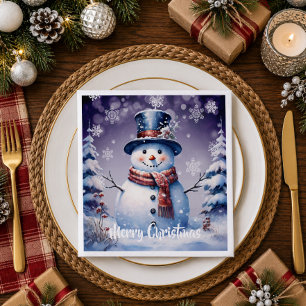 Winter Forest Snowman Christmas Purple Napkin