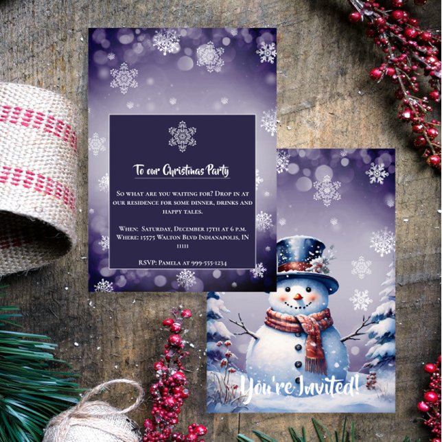 Winter Forest Snowman Christmas  | Purple Party Invitation (Purple Winter Forest Snowman Christmas Party Invitation)
