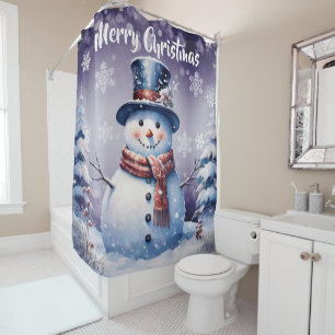 Winter Forest Snowman Christmas Purple Shower Curtain