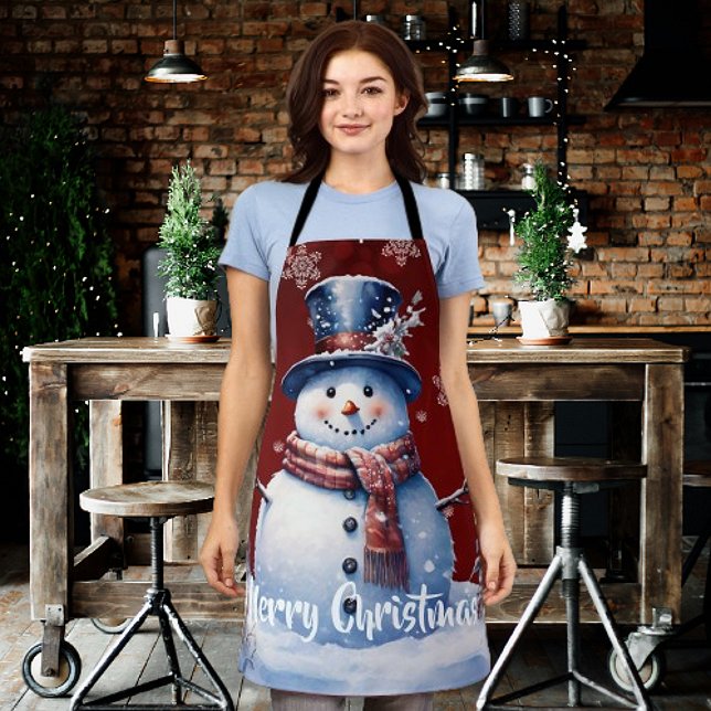 Winter Forest Snowman Christmas | Red Apron (Red Winter Forest Snowman Christmas Apron)