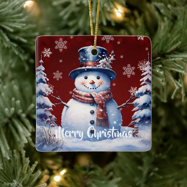 Winter Forest Snowman Christmas | Red Ceramic Ornament (Tree)