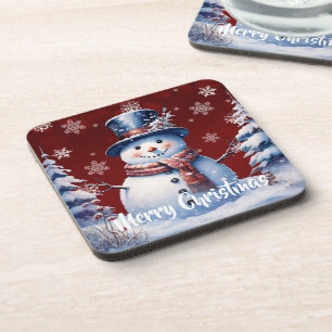Winter Forest Snowman Christmas Red Coaster