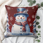 Winter Forest Snowman Christmas | Red Cushion<br><div class="desc">Add a whimsical touch to your living room decor this holiday season with this Red Winter Forest Snowman Christmas Throw Pillow. Pillow design features a cute snowman in a charming top hat and scarf standing in a winter forest scene with falling snow. Additional home decor items available with this design....</div>