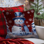 Winter Forest Snowman Christmas | Red Cushion<br><div class="desc">Bring joy and whimsy to your seasonal decor with this charming Red Winter Forest Holiday Throw Pillow. Featuring a smiling snowman dressed in a classic top hat and cosy scarf, the design captures the magic of a wintry scene with softly falling snow and delicate white snowflakes. Nestled among frosted trees,...</div>