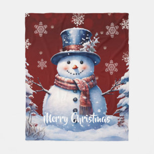 Winter Forest Snowman Christmas   Red Fleece Blanket