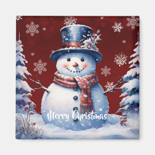 Winter Forest Snowman Christmas   Red Magnet