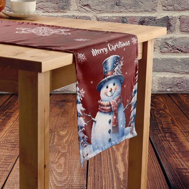 Winter Forest Snowman Christmas | Red Medium Table Runner (Creator Uploaded)