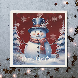 Winter Forest Snowman Christmas Red Napkin