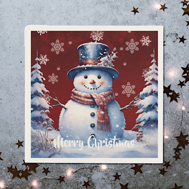 Winter Forest Snowman Christmas | Red Napkin (Red Winter Forest Snowman Christmas Napkins)