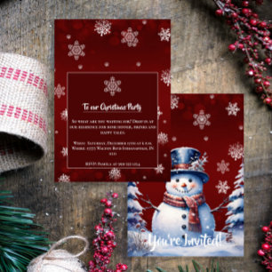 Winter Forest Snowman Christmas Red Party Invitation