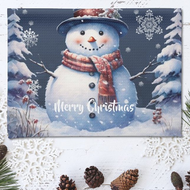 Winter Forest  Snowman Christmas Tea Towel (Winter Forest Snowman Christmas Kitchen Towel)