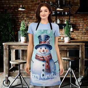Winter Forest Snowman Christmas Teal Apron