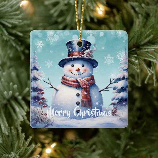 Winter Forest Snowman Christmas | Teal Ceramic Ornament (Tree)