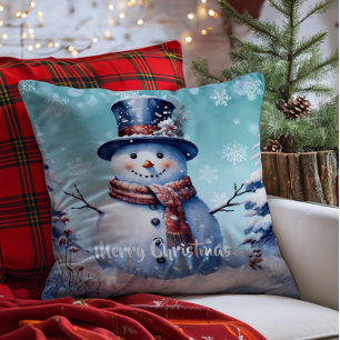 Winter Forest Snowman Christmas   Teal Cushion