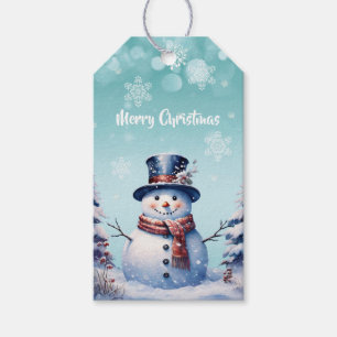 Winter Forest Snowman Christmas Teal Gift Tags