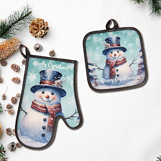 Winter Forest Snowman Christmas | Teal Oven Mitt & Pot Holder Set (Teal Winter Forest Snowman Christmas Oven Mitt and Pot Holder Set)