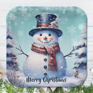 Winter Forest Snowman Christmas Teal Paper Plate