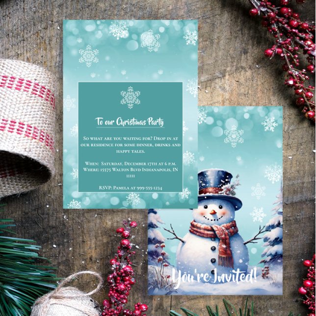 Winter Forest Snowman Christmas  | Teal Party Invitation (Teal Winter Forest Snowman Christmas Party Invitation)