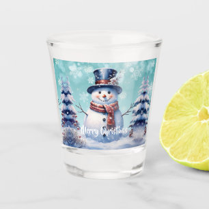 Winter Forest Snowman Christmas   Teal Shot Glass