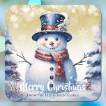 Winter Forest Snowman Merry Christmas | Gold Square Sticker<br><div class="desc">Seal the envelopes of your outgoing Christmas Cards this holiday season with a Gold Winter Forest Snowman Merry Christmas Holiday Sticker. Sticker design features a cute snowman in a top hat in scarf standing in a winter forest scene with falling snow. Additional gift and holiday items available with this design...</div>