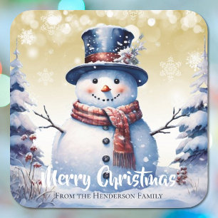 Winter Forest Snowman Merry Christmas   Gold Square Sticker