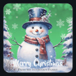 Winter Forest Snowman Merry Christmas | Green Square Sticker<br><div class="desc">Seal the envelopes of your outgoing Christmas Cards this holiday season with a Green Winter Forest Snowman Merry Christmas Holiday Sticker. Sticker design features a cute snowman in a top hat in scarf standing in a winter forest scene with falling snow. Additional gift and holiday items available with this design...</div>