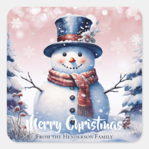 Winter Forest Snowman Merry Christmas   Pink Square Sticker