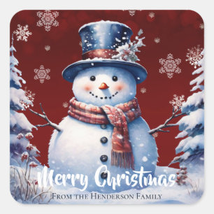 Winter Forest Snowman Merry Christmas   Red Square Sticker