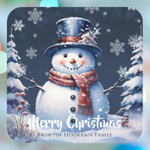 Winter Forest Snowman Merry Christmas Square Sticker