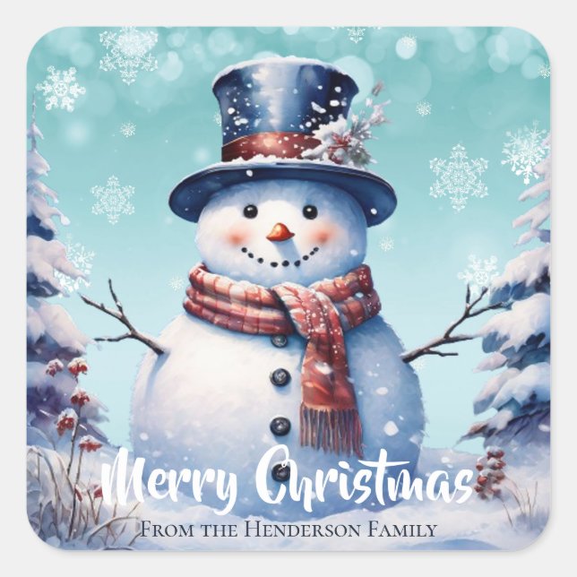 Winter Forest Snowman Merry Christmas | Teal Square Sticker (Front)