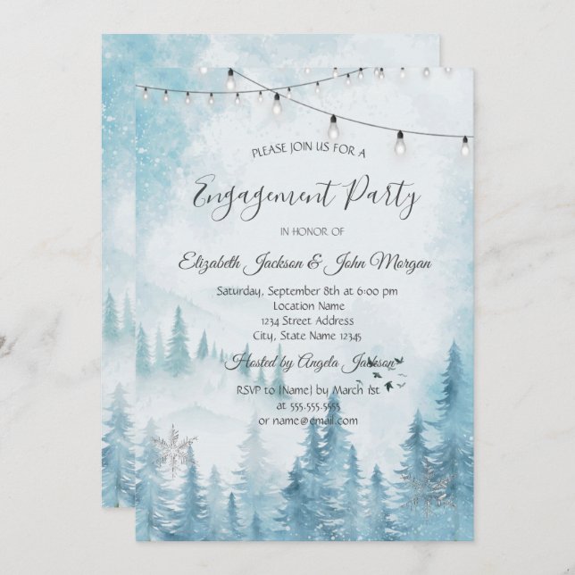 Winter Forest, String Lights Engagement Invitation (Front/Back)