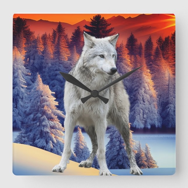 Winter Forest Sunrise Theme Square Wall Clock (Front)