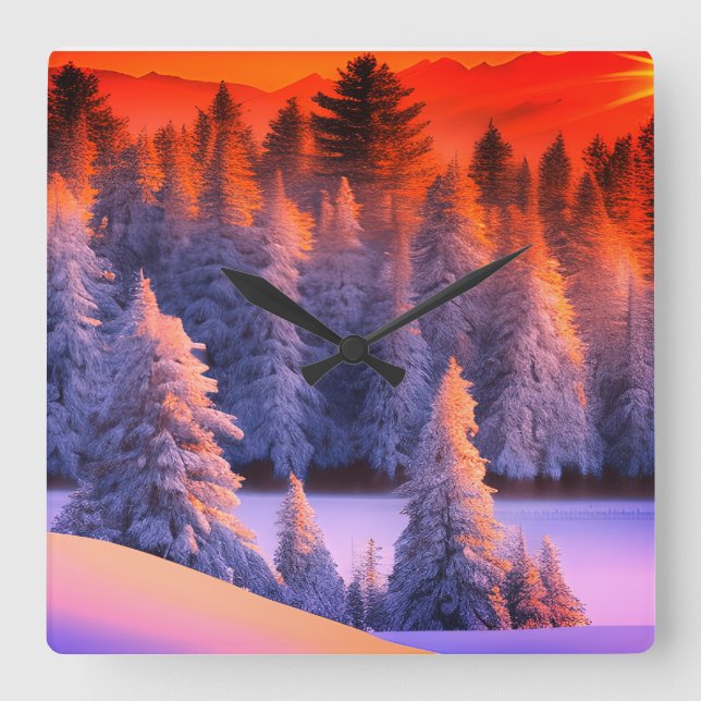 Winter Forest Sunrise Theme Square Wall Clock (Front)