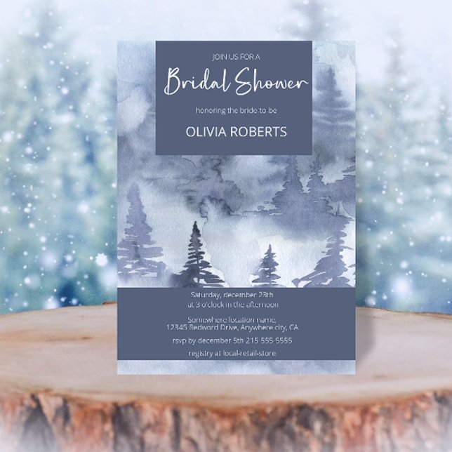 Winter Forest Watercolor Navy Blue Bridal Shower Invitation (Creator Uploaded)
