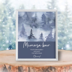 Winter Forest Watercolor Navy Blue Mimosa Bar Poster