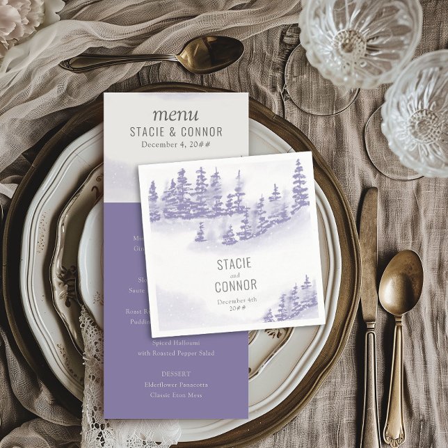 Winter Forest Watercolor Personalised Wedding Napkin (Wedding Cocktail Napkins from my Winter Forest Lavender Wedding Collection)