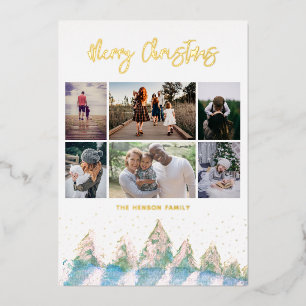 Winter Forest Watercolor Script Christmas 6 Photos Foil Holiday Card