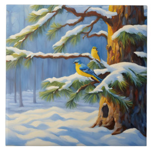 Winter Forest with Colourful Birds on a Tree Ceramic Tile
