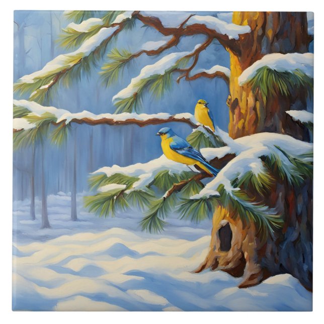 Winter Forest with Colourful Birds on a Tree  Ceramic Tile (Front)