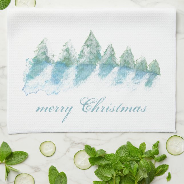 Winter Forest with Snow Watercolor Christmas Tea Towel (Folded)