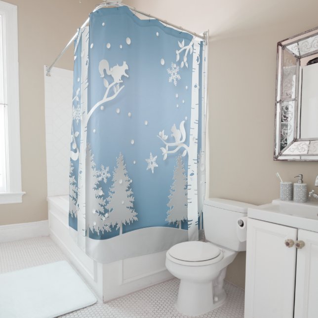 Winter Forest with Squirrels Papercut Shower Curtain (In Situ)