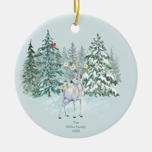 Winter Forest Woodland Deer  Ceramic Ornament (Front)