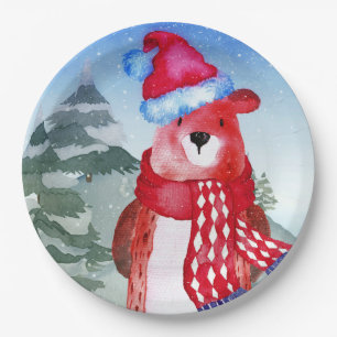 Winter Forest Woodland Friends Bear Illustration Paper Plate