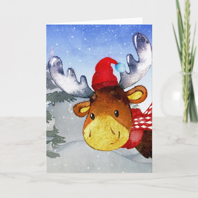 Winter Forest Woodland Friends Deer Illustration Holiday Card (Front)