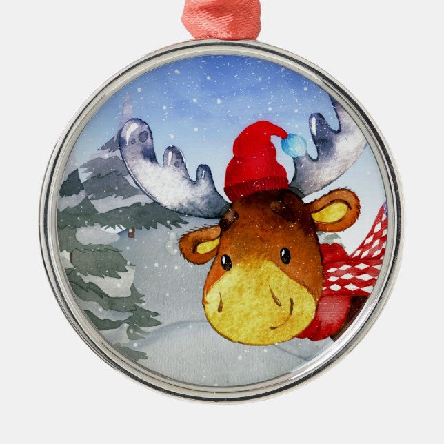 Winter Forest Woodland Friends Deer Illustration Metal Ornament (Front)
