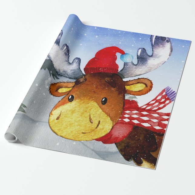 Winter Forest Woodland Friends Deer Illustration Wrapping Paper (Unrolled)