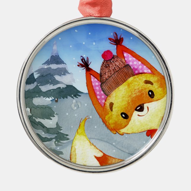 Winter Forest Woodland Friends Fox Illustration Metal Ornament (Front)
