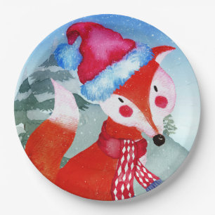 Winter Forest Woodland Friends Fox Illustration Paper Plate